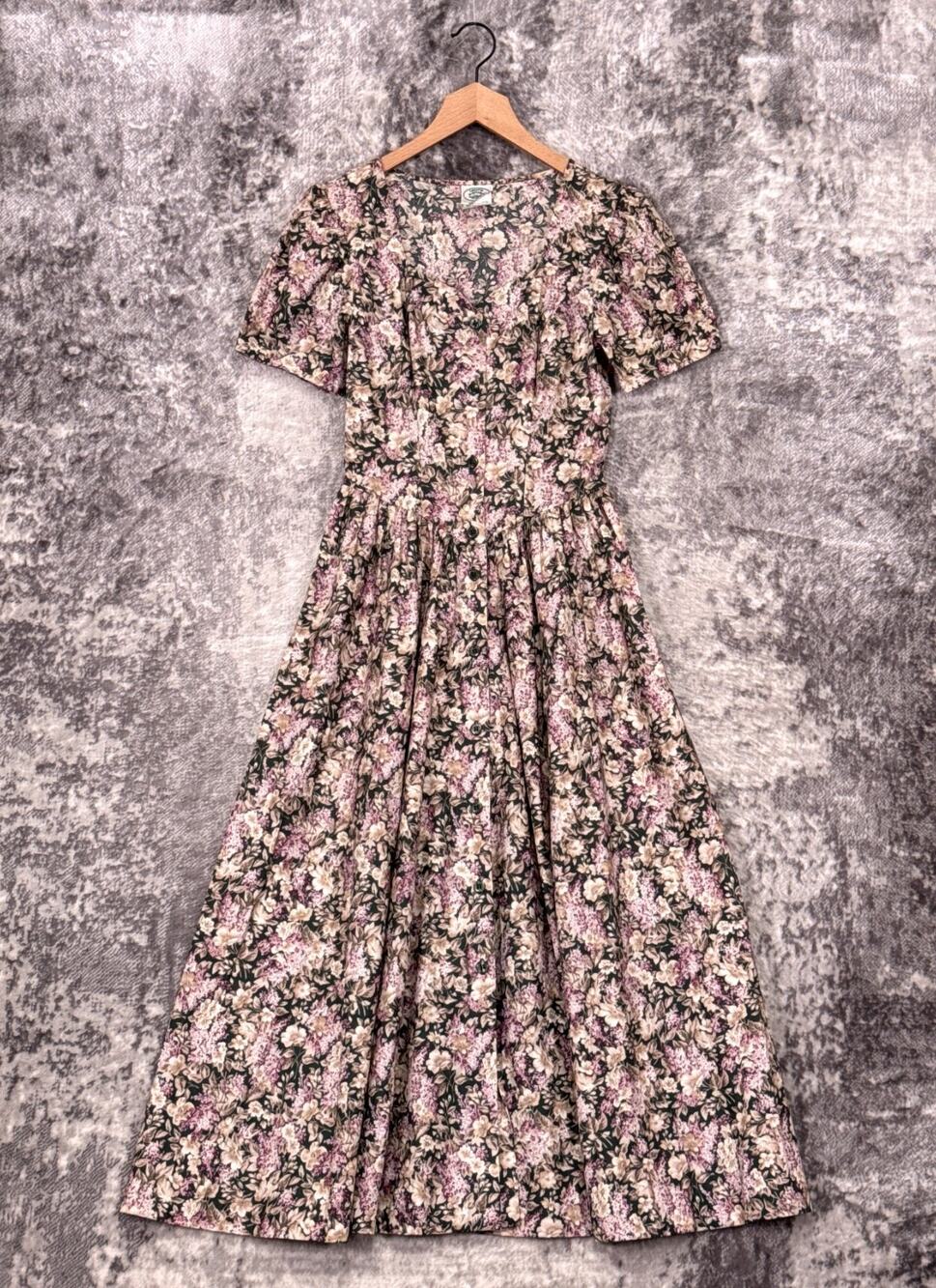 Vintage Laura Ashley Dress US 4 Womens Cotton Floral Woven Button Tea Midi Maxi